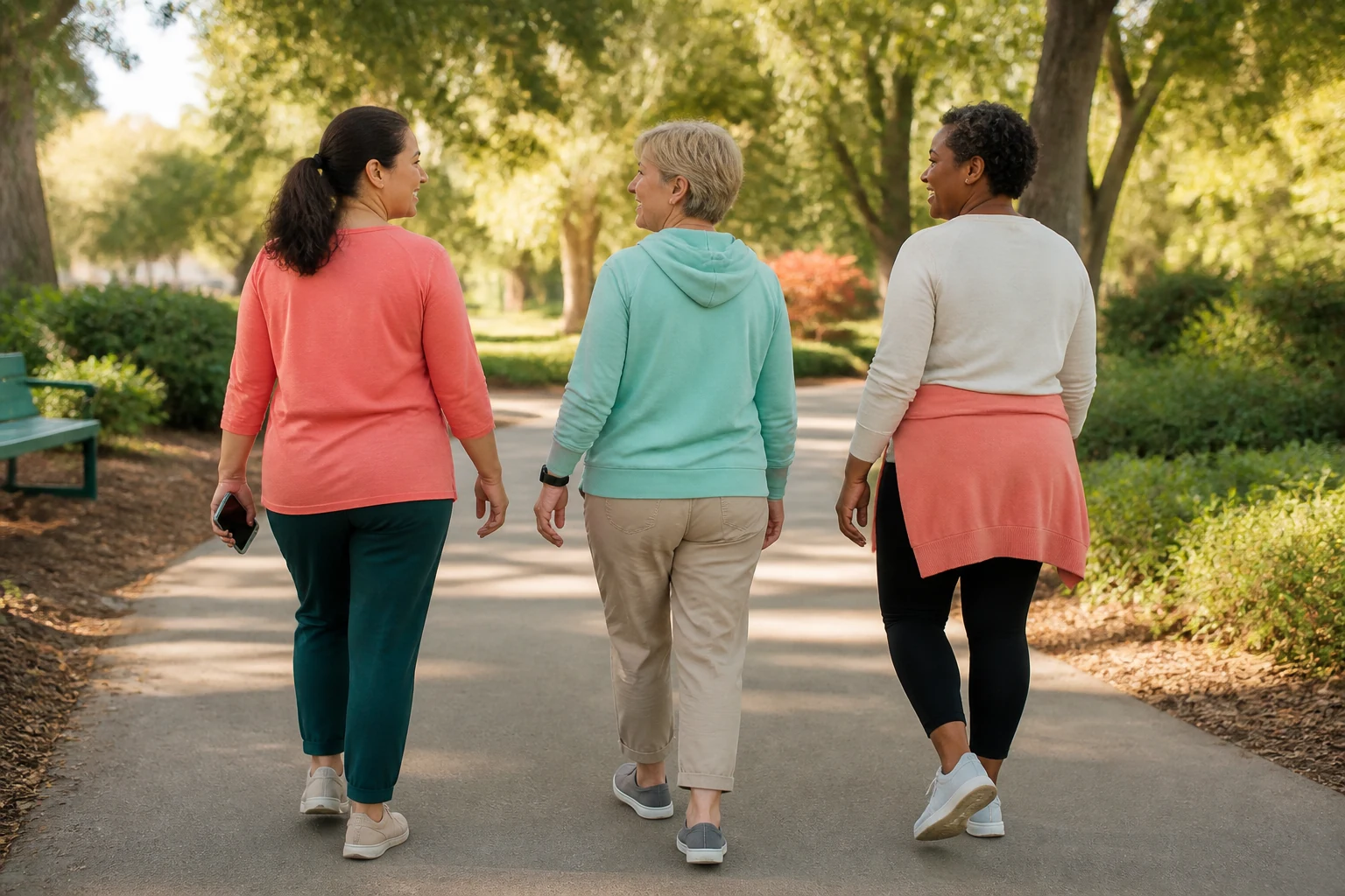Three friends walking together on a neighborhood park path