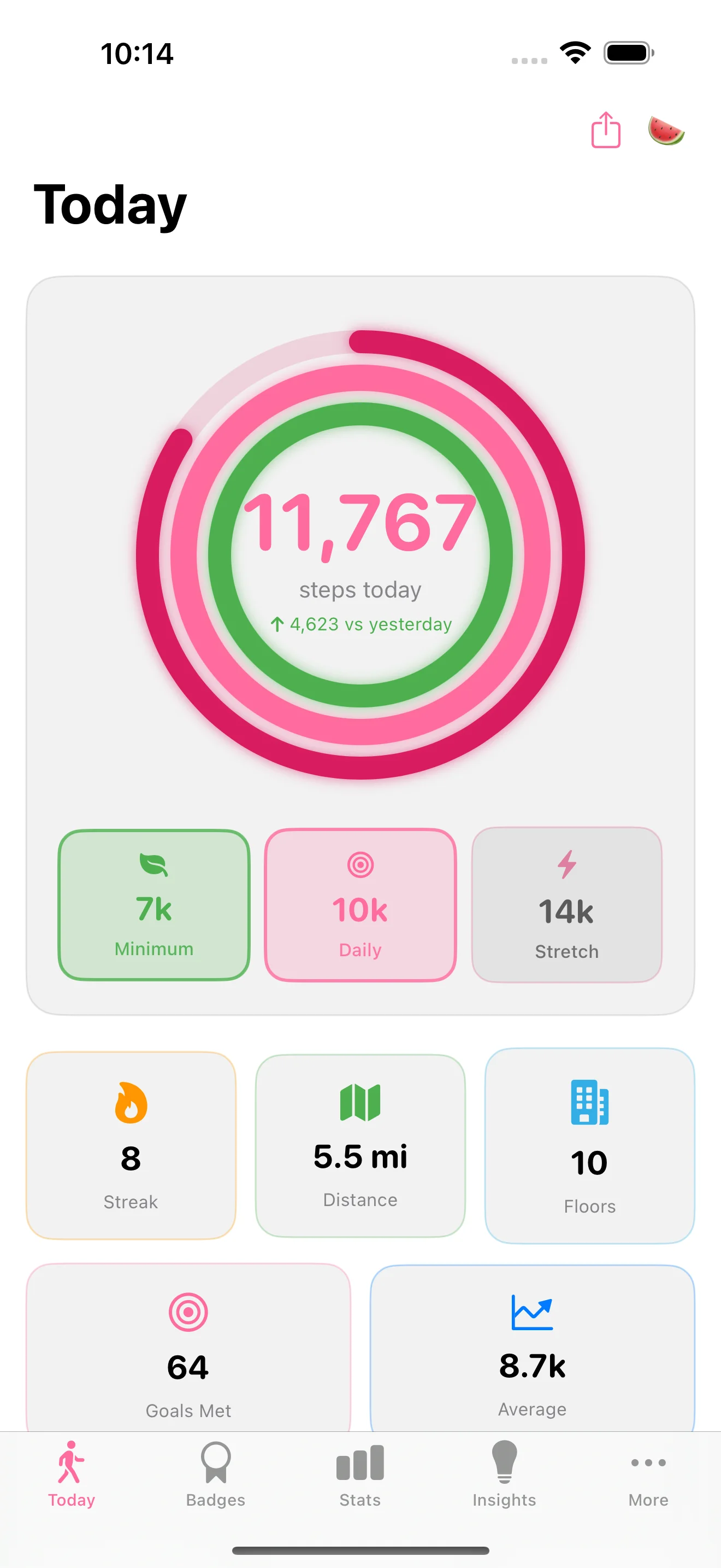 StepMelon iOS companion app showing Today step tracking dashboard