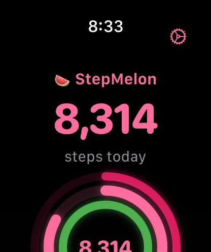 StepMelon app showing step count and progress rings on Apple Watch