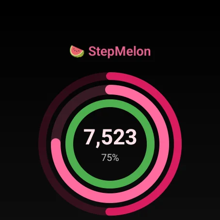StepMelon Wear OS app showing Today view with 3-ring progress and 7,523 steps